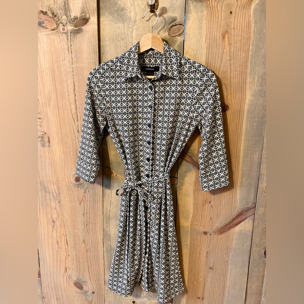 Express Shirt Dress Button Down Belt Collar 3/4 Sleeve Career Gold Black Siz 1/2